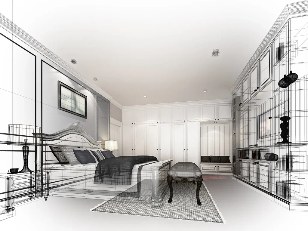 Schlafzimmer-Skizze: Eine 3D-Visualisierung eines modern eingerichteten Schlafzimmers.