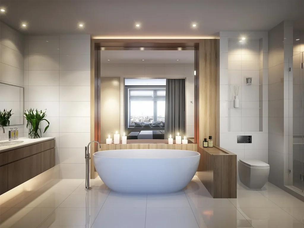 Luxus-Badezimmer: Eine freistehende weiße Badewanne vor einer großen Spiegelwand.